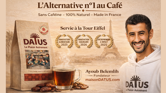 Ayoub Belemlih, le Baron de l'Or des Palmeraies et fondateur de DATUS, présentant la première alternative au café naturelle à base de noyaux de dattes.