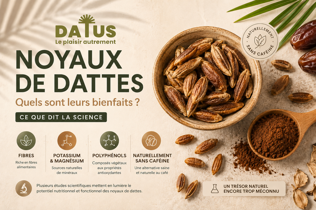 Bienfaits des noyaux de dattes torréfiés : fibres, minéraux et antioxydants dans une boisson naturellement sans caféine.