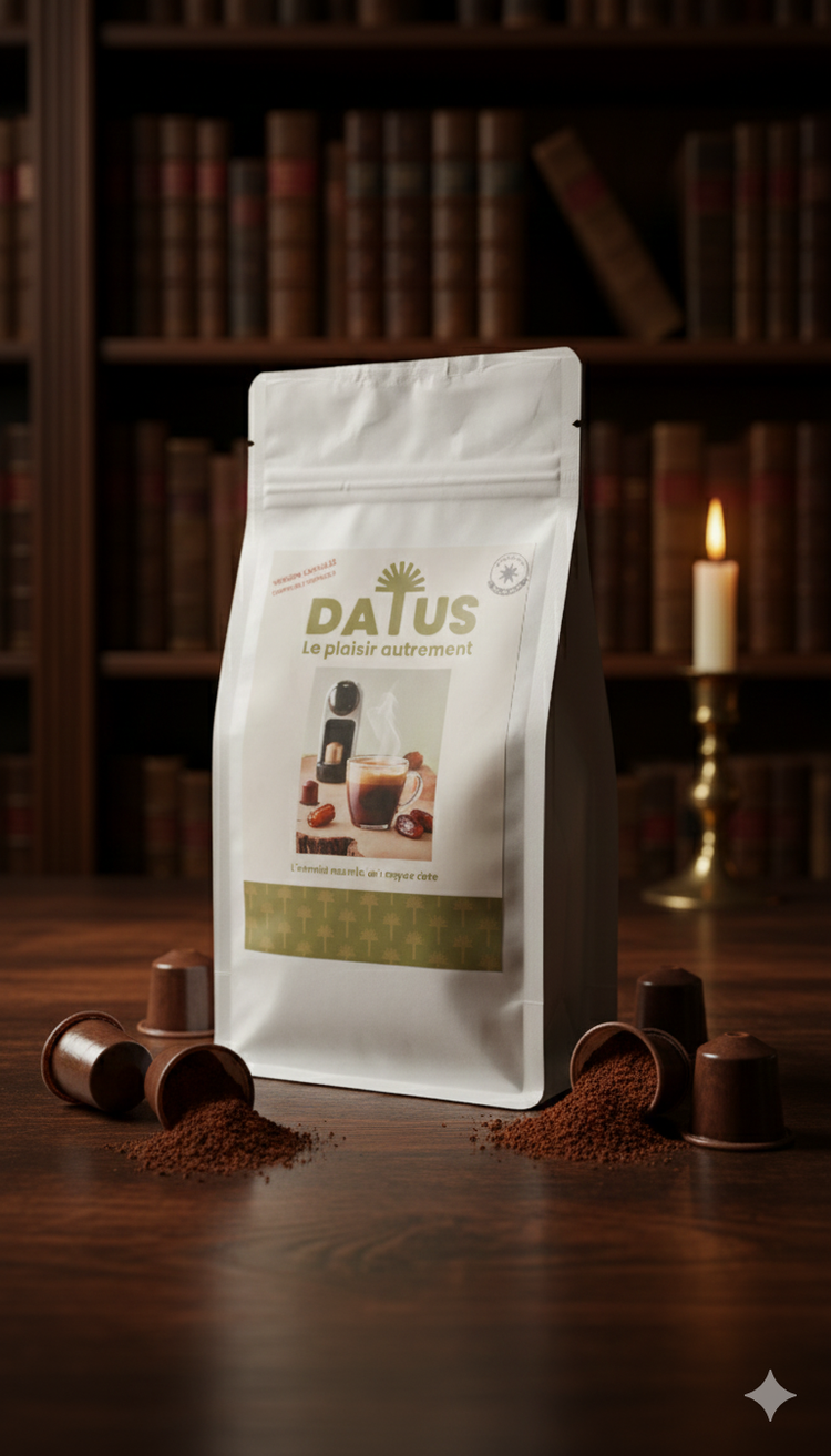 Capsules DATUS compatibles Nespresso, bio et sans caféine. Riche en fibres et minéraux. Présentation dans la Loge du Baron : ambiance bibliothèque ancienne et bougie. L'Antidote instantané dans un écrin de prestige.