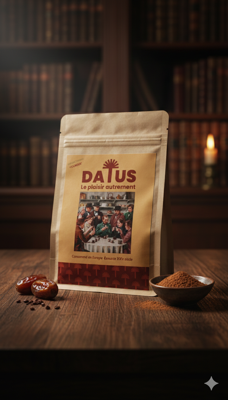 Sachet de DATUS Moulu posé sur une pierre brute dans une ambiance de loge sombre et luxueuse, poudre de noyaux de dattes torréfiés et éclairage cinématographique épuré.