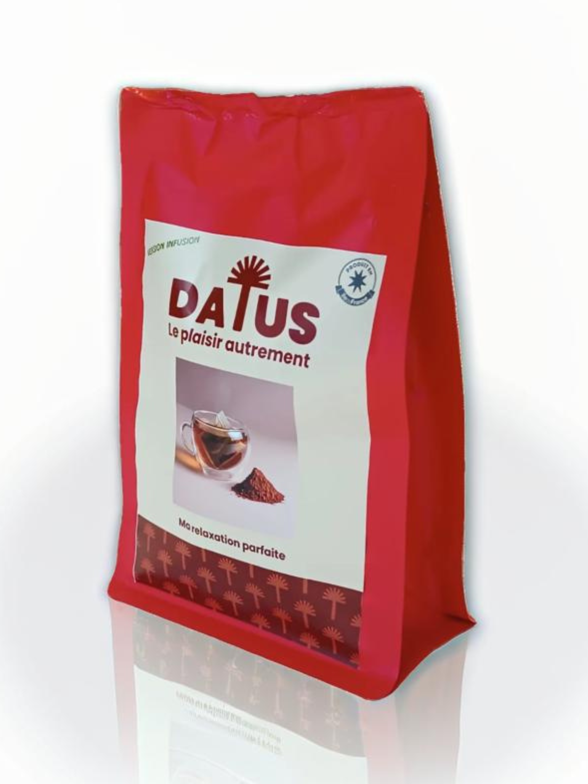 Profil gauche du packaging DATUS, mettant en avant les conseils d'utilisation et les valeurs nutritionnelles de l'infusion naturelle sans théine.