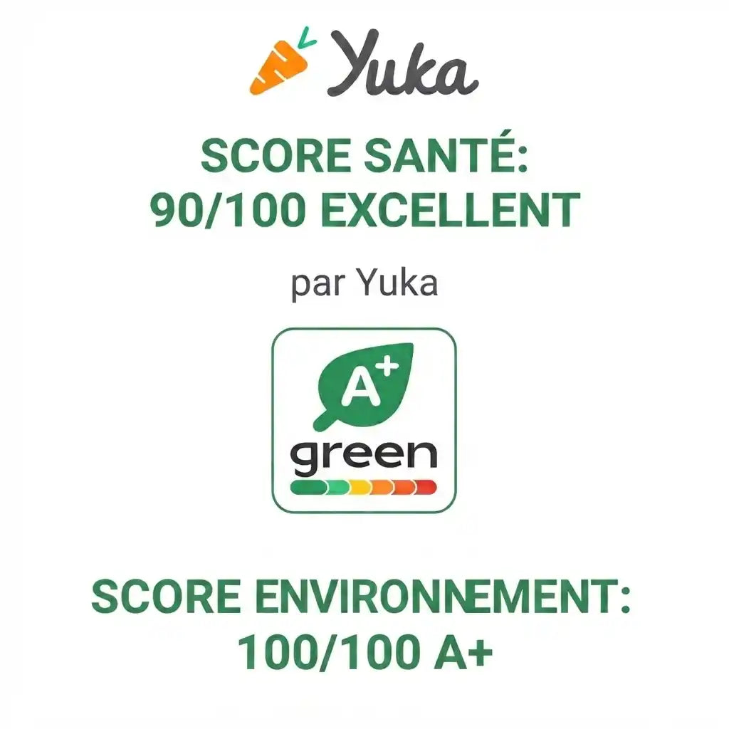 DATUS noté 90 sur 100 sur Yuka avec la mention Excellent pour sa qualité nutritionnelle, DATUS Green-Score 100 sur 100, note A+, produit classé à très faible impact environnemental.