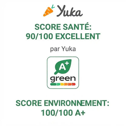 DATUS noté 90 sur 100 sur Yuka avec la mention Excellent pour sa qualité nutritionnelle, DATUS Green-Score 100 sur 100, note A+, produit classé à très faible impact environnemental.