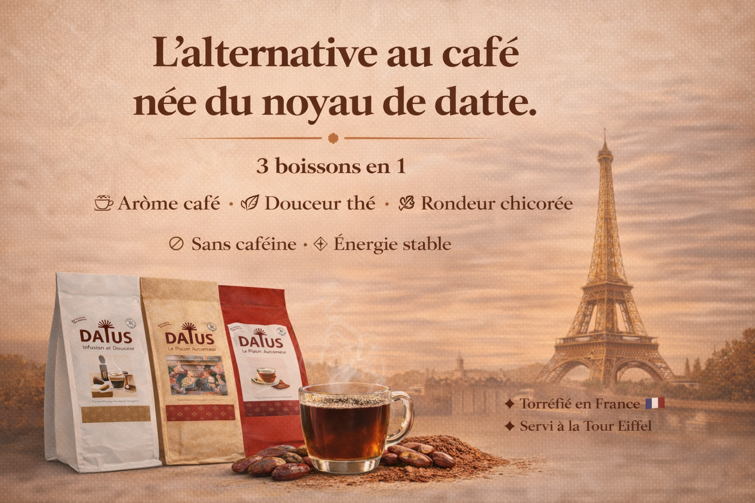 DATUS, l'Antidote 3-en-1 offrant les notes de café, de thé et de chicorée dans une boisson noble. appelée café de dattes.