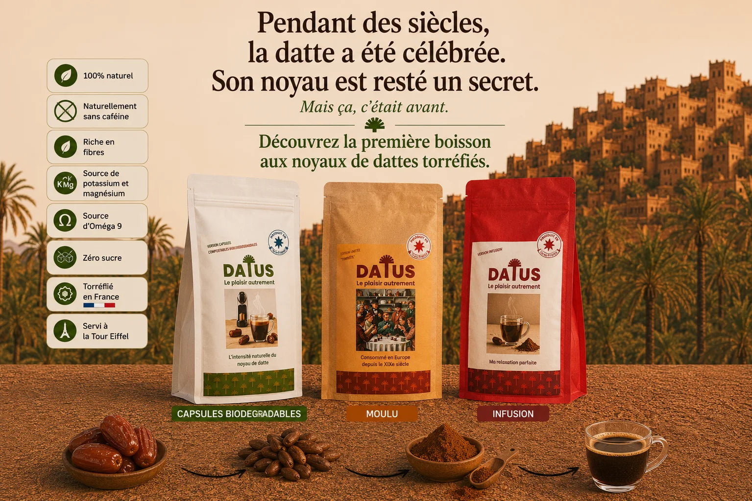 Hero DATUS présentant la première boisson aux noyaux de dattes torréfiés, disponible en infusion, café moulu et capsules biodégradables compatibles Nespresso®, alternative naturelle au café sans caféine