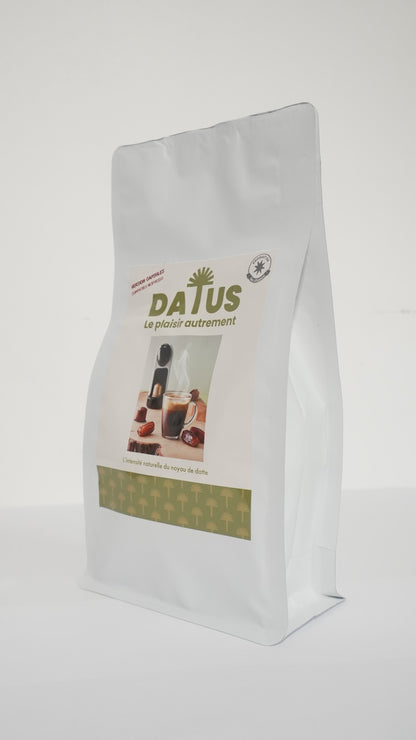 Côté droit du pack de capsules DATUS. Boisson naturellement riche en fibres, sans caféine ni amertume, pour un bien-être digestif.