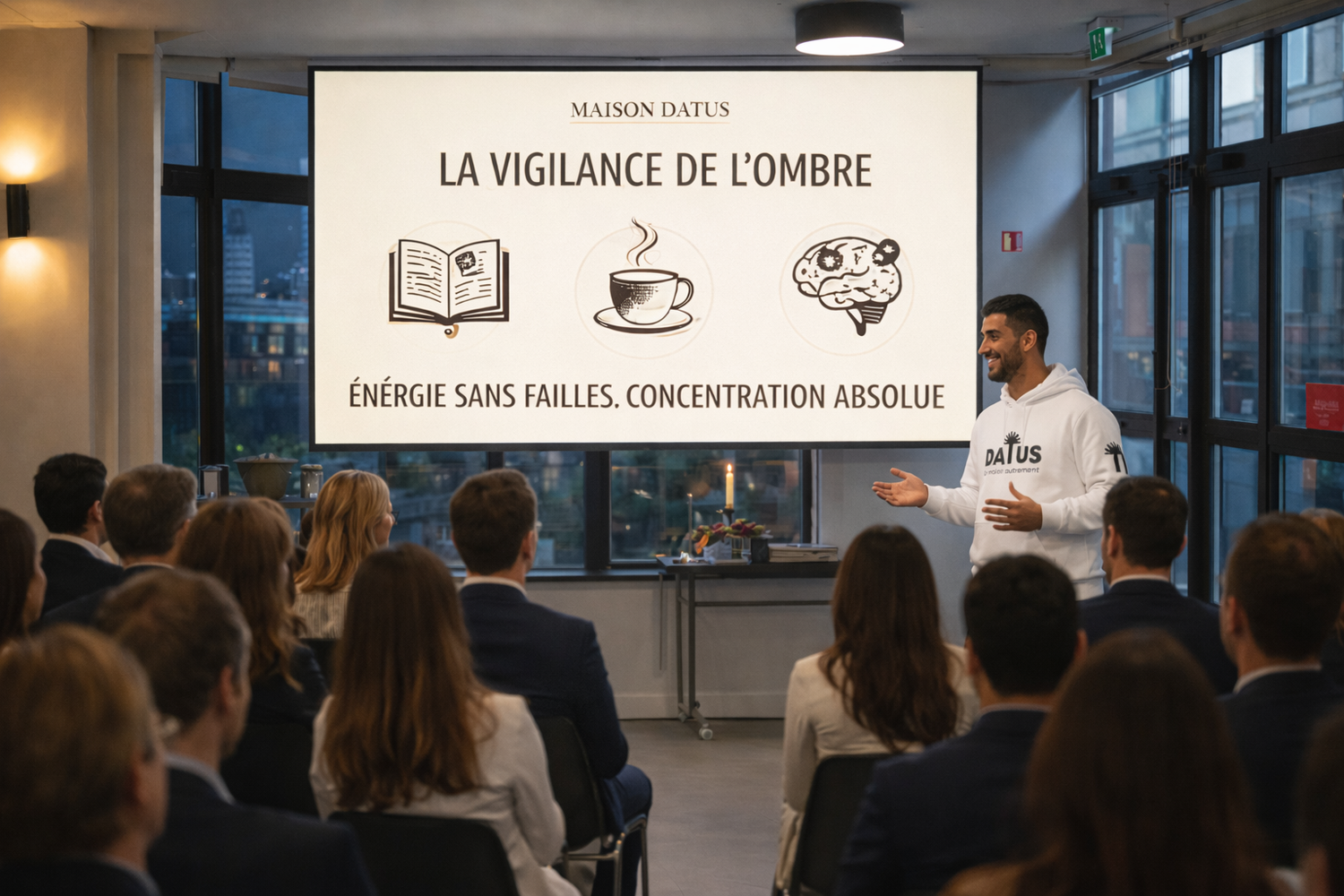 Fondateur de DATUS présentant une boisson naturelle à base de noyaux de dattes lors d’une conférence, alternative au café et source d’énergie saine