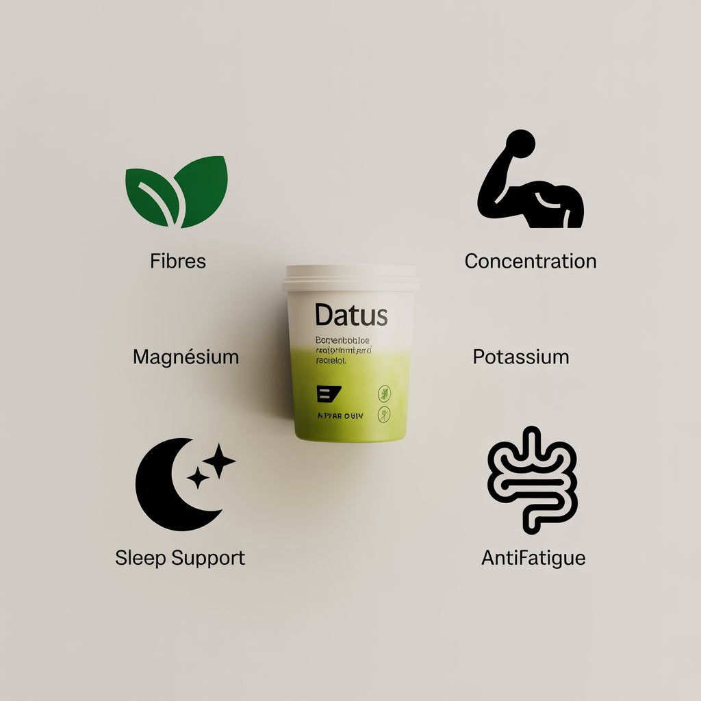 Infographie des bienfaits de DATUS : riche en fibres, potassium, magnésium, favorise la récupération, la concentration et un sommeil de qualité.