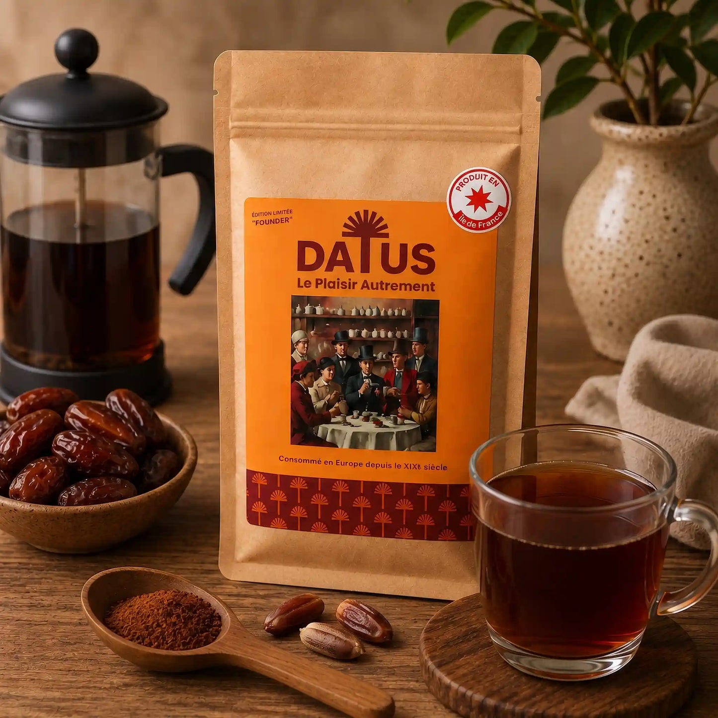 Sachet kraft de boisson aux noyaux de dattes torréfiés Datus, dit café de dattes posé sur une table en bois à côté d'une tasse, d'un bol de dattes et d'une cuillère en bois contenant de la poudre et trois noyaux.