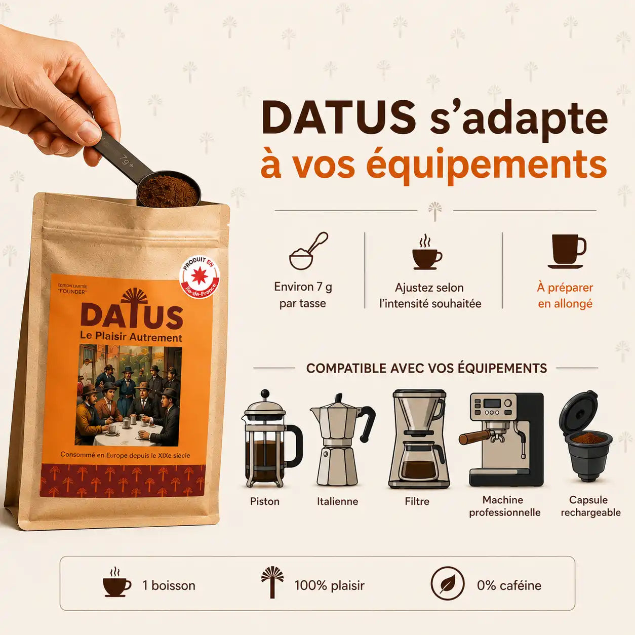 DATUS Moulu aux noyaux de dattes torréfiés, alternative au café naturellement sans caféine, dit café de dattes compatible avec cafetière à piston, italienne, filtre, machine professionnelle et capsule rechargeable.