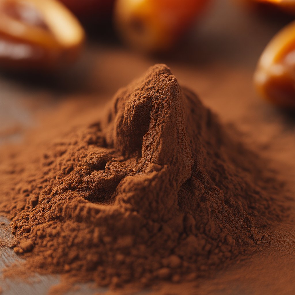 Gros plan sur la poudre de noyaux de dattes torréfiés DATUS. La matière première 100% naturelle qui confère à nos capsules leur goût intense et leurs bienfaits exceptionnels.