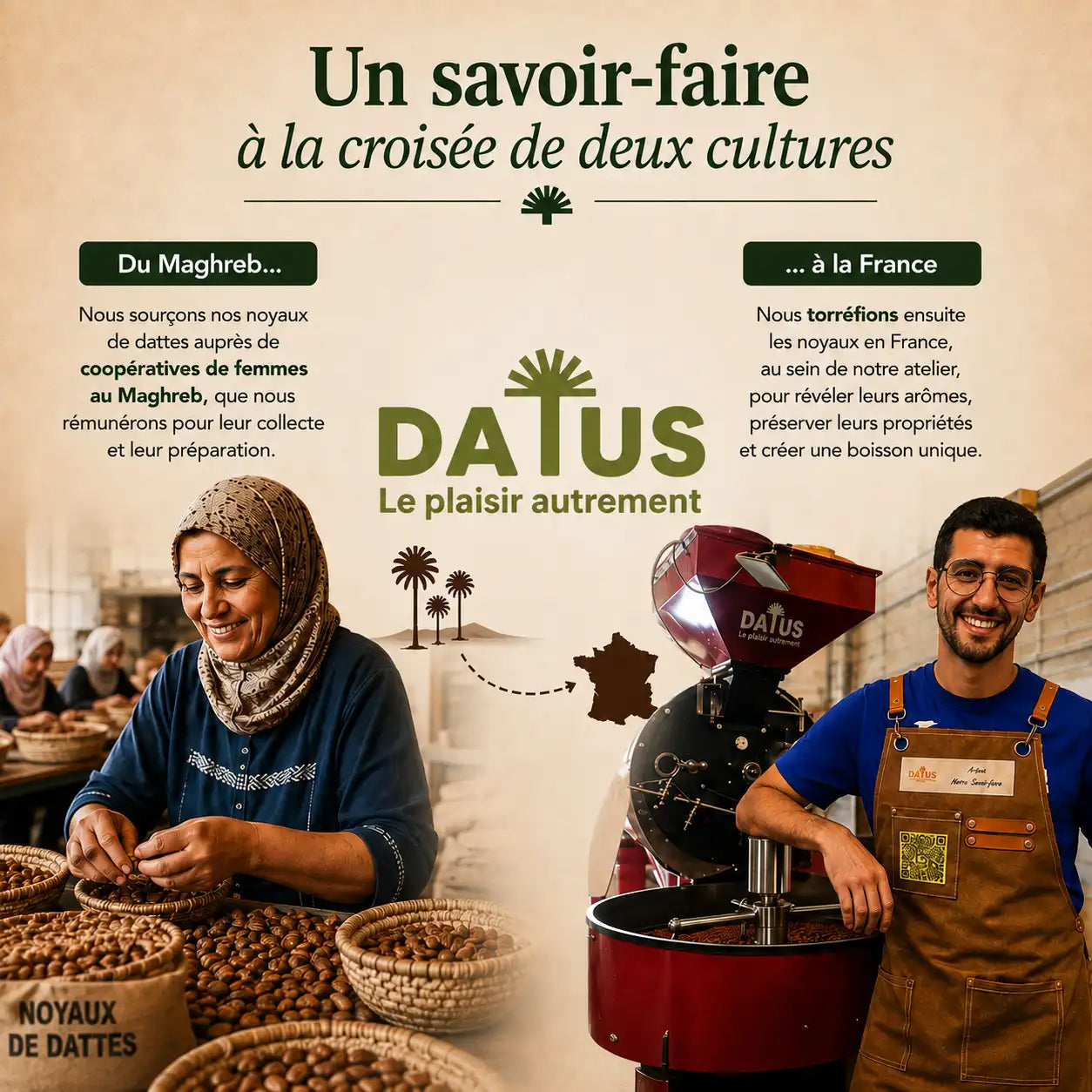 DATUS, savoir-faire franco-maghrébin autour des noyaux de dattes, du sourcing auprès de coopératives de femmes au Maghreb à la torréfaction artisanale en France. 