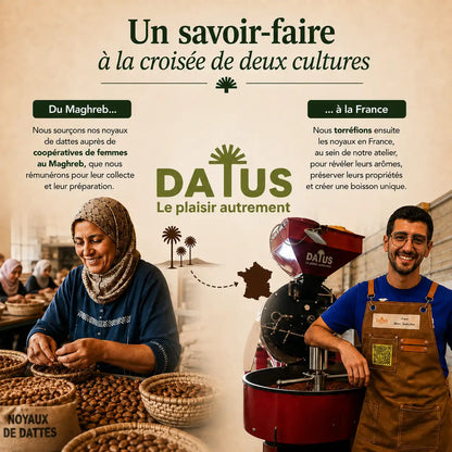 DATUS, savoir-faire franco-maghrébin autour des noyaux de dattes, du sourcing auprès de coopératives de femmes au Maghreb à la torréfaction artisanale en France. 