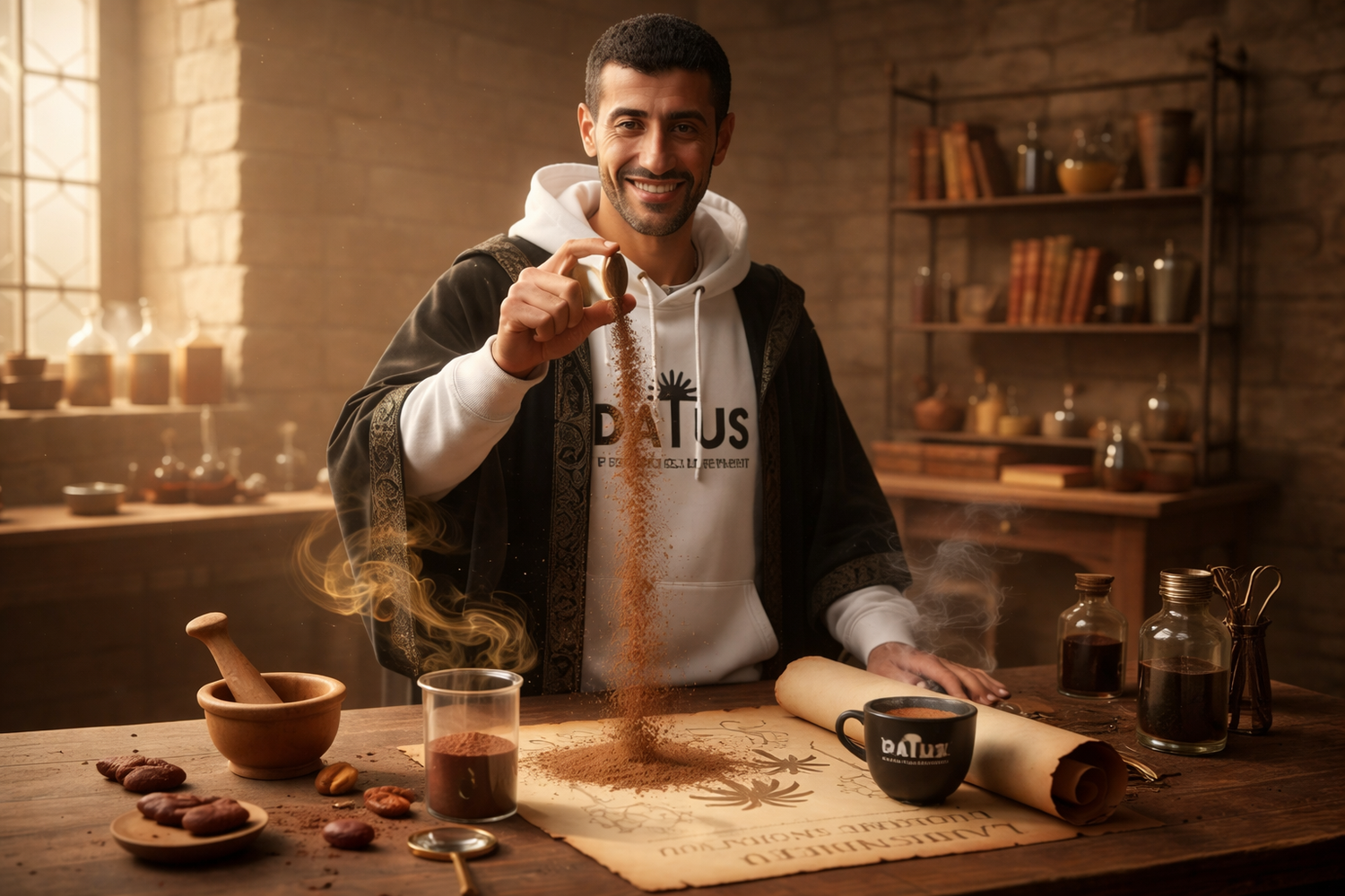 Le Baron de la Poudre DATUS préparant une boisson énergétique naturelle à base de noyaux de dattes, alternative au café, dans un rituel artisanal et authentique.
