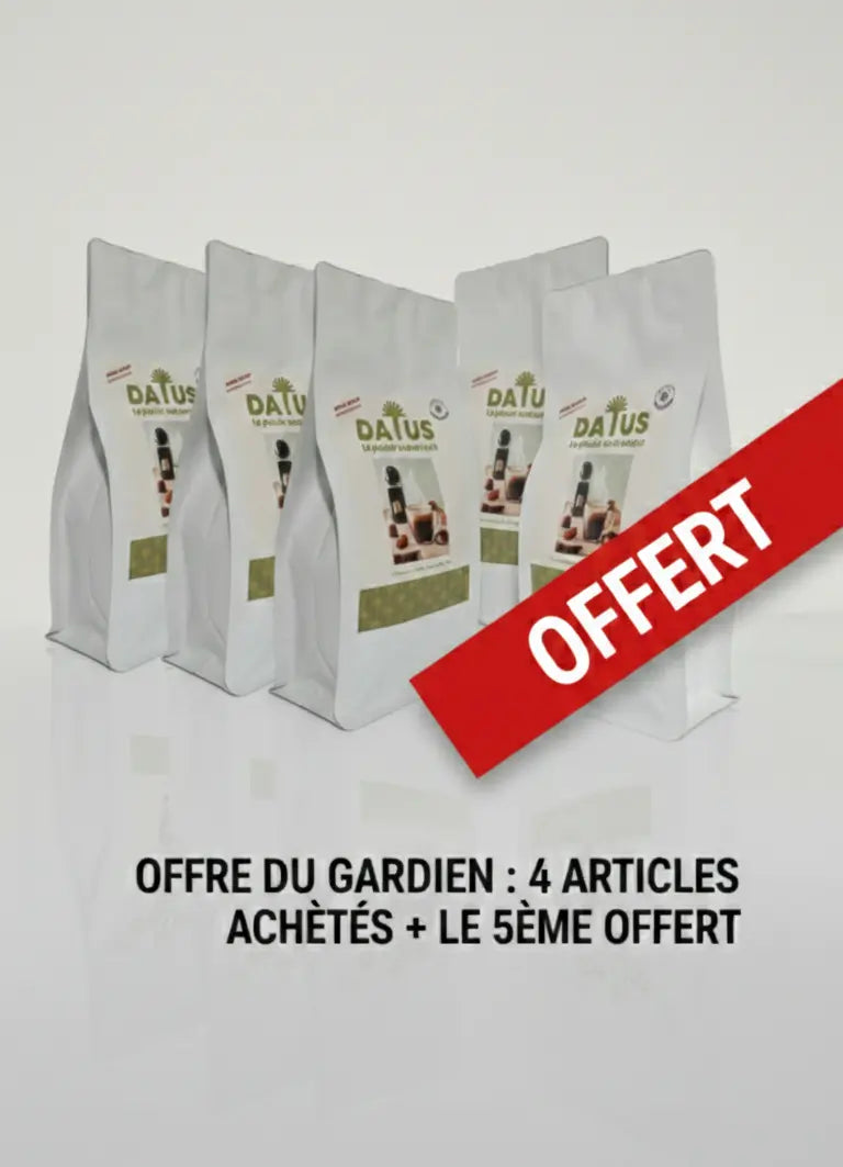 Pack Conquête DATUS comprenant 5 étuis de capsules au noyau de datte, offre 4 achetés plus 1 offert, alternative au café naturelle et compatible Nespresso pour une énergie de Lion sans caféine, sans crash.
