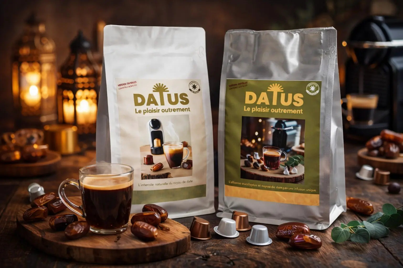 Pack duo capsules DATUS nature et eucalyptus compatibles Nespresso, alternative au café sans caféine à base de noyaux de dattes torréfiés, produit naturel fabriqué en France