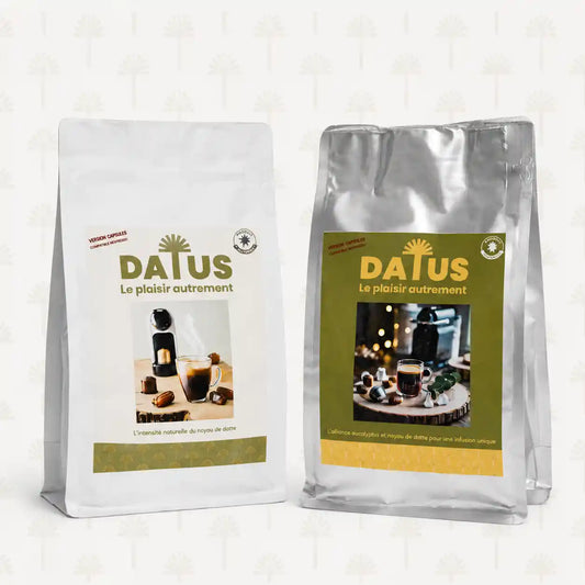 Pack Duo DATUS de 60 capsules aux noyaux de dattes, saveurs Nature et Eucalyptus, naturellement sans caféine, 