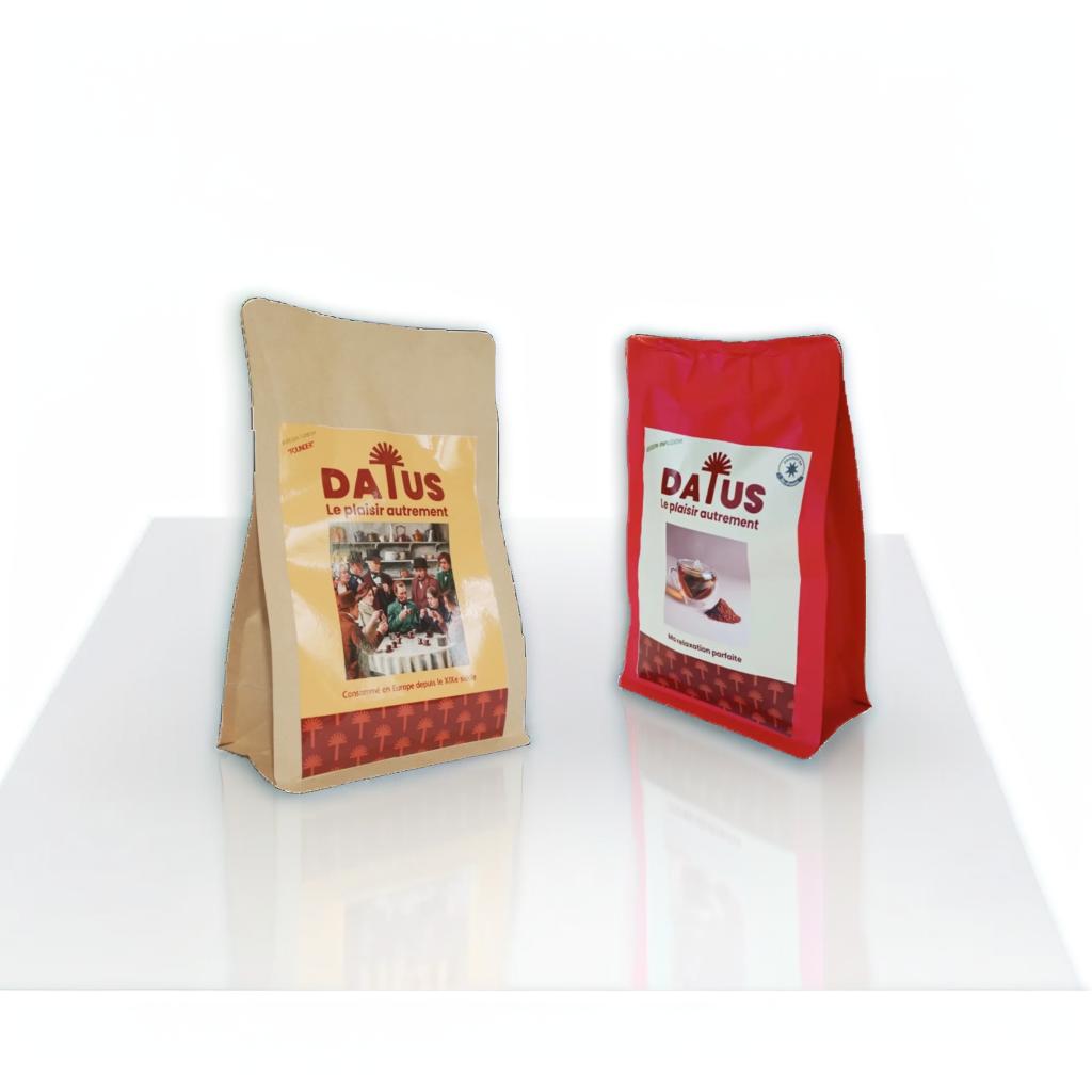 Pack Duo Équilibre DATUS : une alternative au café saine aux noyaux de dattes torréfiés, comprenant le format moulu pour le matin et les sachets d'infusion pour le soir. Boisson sans caféine, sans sucre et riche en antioxydants.