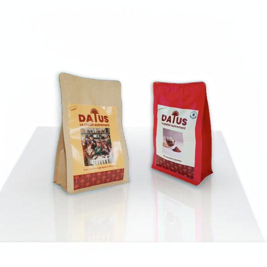 Pack Duo Équilibre DATUS : une alternative au café saine aux noyaux de dattes torréfiés, comprenant le format moulu pour le matin et les sachets d'infusion pour le soir. Boisson sans caféine, sans sucre et riche en antioxydants.