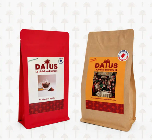 Pack Duo Souveraineté 60 Jours DATUS avec 500 g de noyaux de dattes moulus et 50 infusions, naturellement sans caféine
