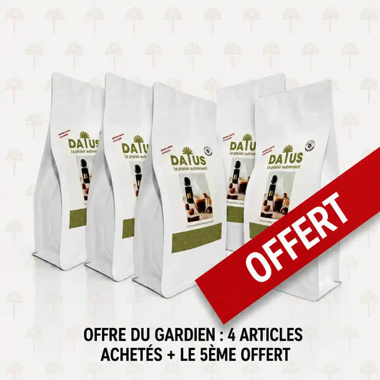 Pack Famille DATUS capsules de noyaux de dattes, 4 sachets achetés et 1 offert, naturellement sans caféine, dit café de dattes ou infusion de noyaux de dattes