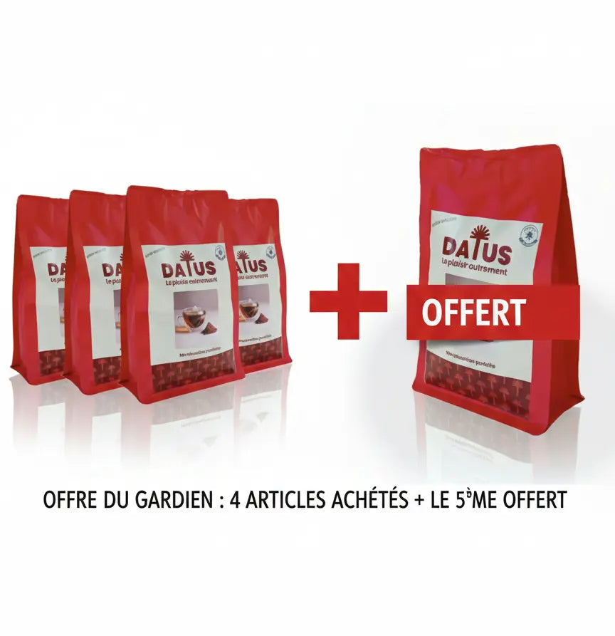 Pack Sérénité DATUS : 125 infusions de noyaux de dattes, offre 4 achetés + 1 offert. L'antidote naturel sans caféine ni théine, alternative saine au café et au thé pour une énergie de Lion constante.