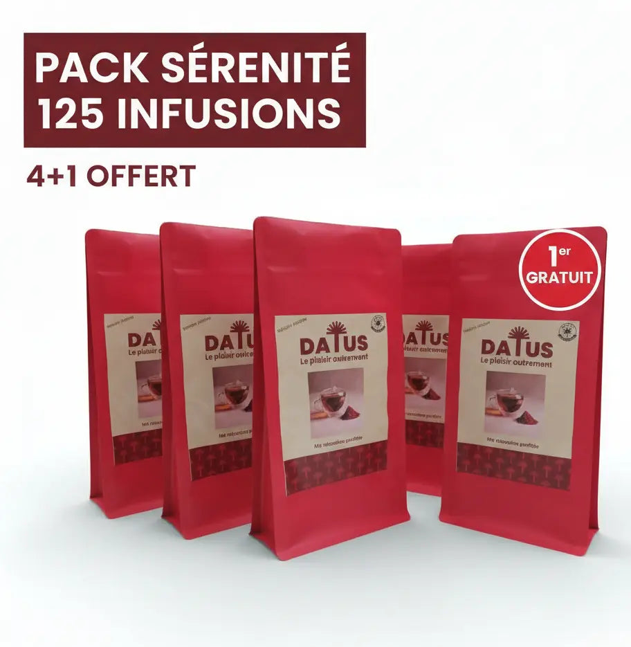 Pack Sérénité DATUS sur fond blanc : 125 infusions de noyaux de dattes torréfiés (5 boîtes de 25 sachets). Offre promotionnelle 4 achetés + 1 offert. Alternative saine au café et au thé, garantie sans caféine ni théine pour une énergie sans crash et zéro sucre.