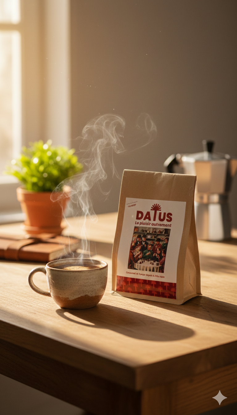 Rituel du matin avec le pack DATUS Moulu posé sur une table en bois ensoleillée. Une tasse de boisson aux noyaux de dattes fumante évoquant un café riche et onctueux, pour une énergie stable sans caféine dès le réveil.