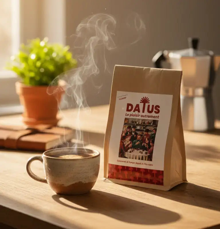 Une tasse de DATUS, dit café de dattes  préparée à partir de poudre de noyaux de dattes torréfiés 
