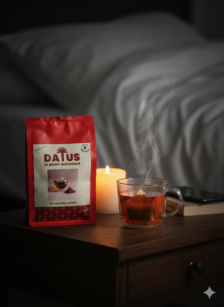 Ambiance apaisante de soirée avec l'infusion DATUS. Une tasse transparente laisse apparaître la robe ambrée de l'Antidote, posée sur une table de chevet à côté d'une bougie allumée. Une boisson chaude relaxante sans théine pour favoriser le sommeil.